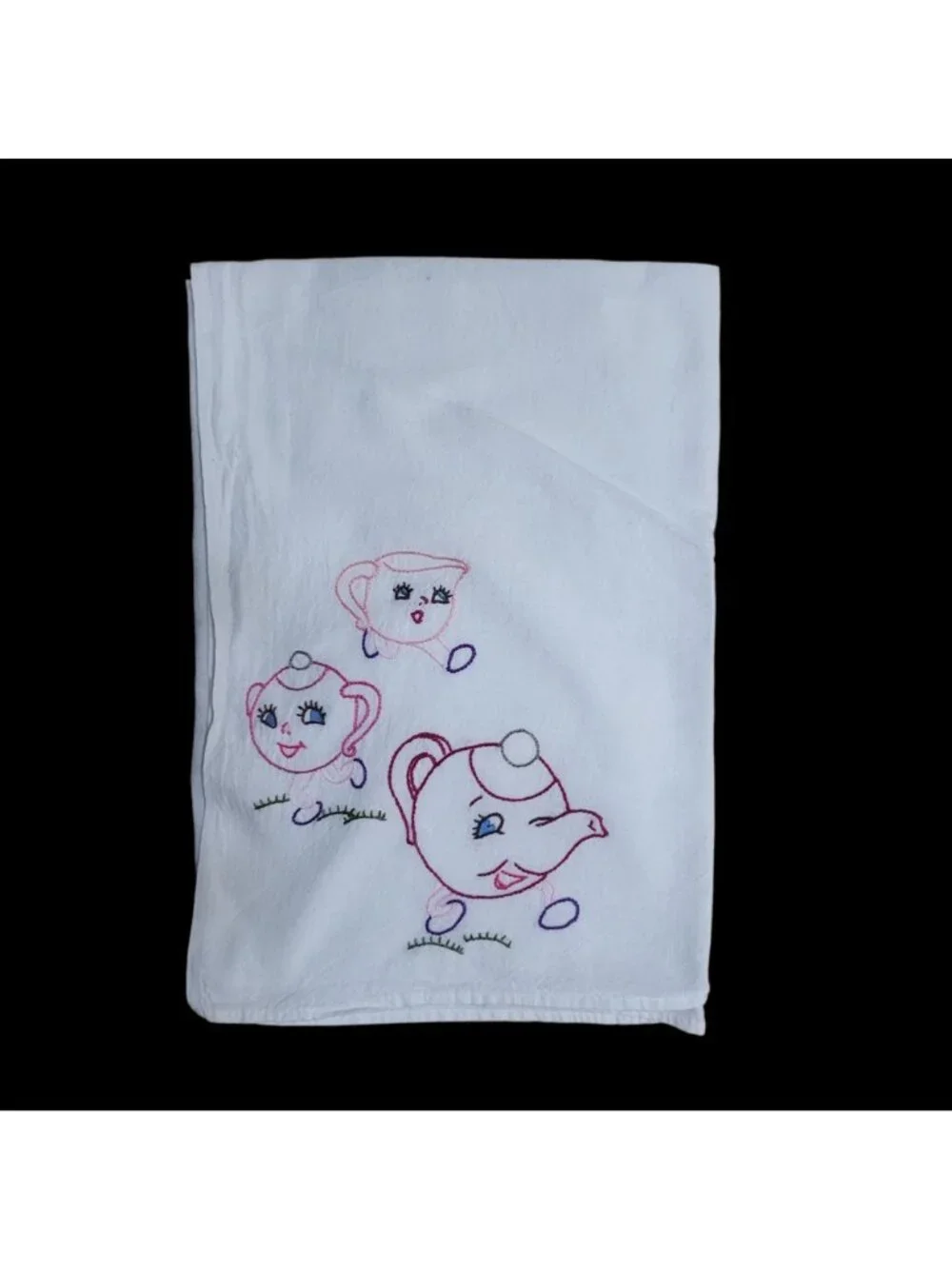 3 Vtg Hand-Embroidered White Cotton Flout Sack Towels Anthropomorphic Kitchen